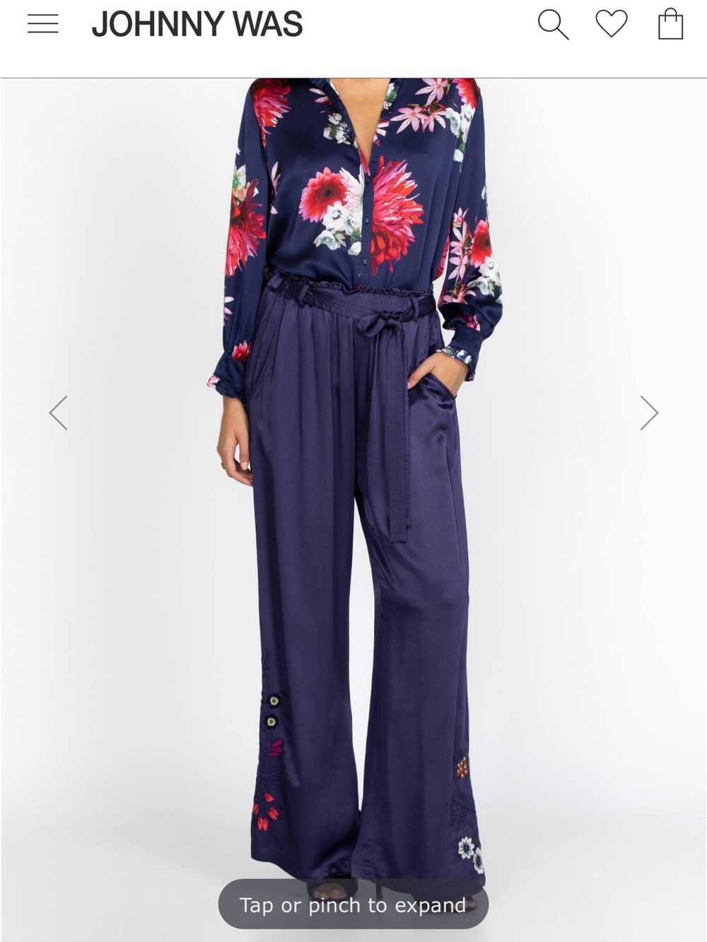 Johnny Was Deep Navy Floral-Embroidered Wide Leg Satin Pants